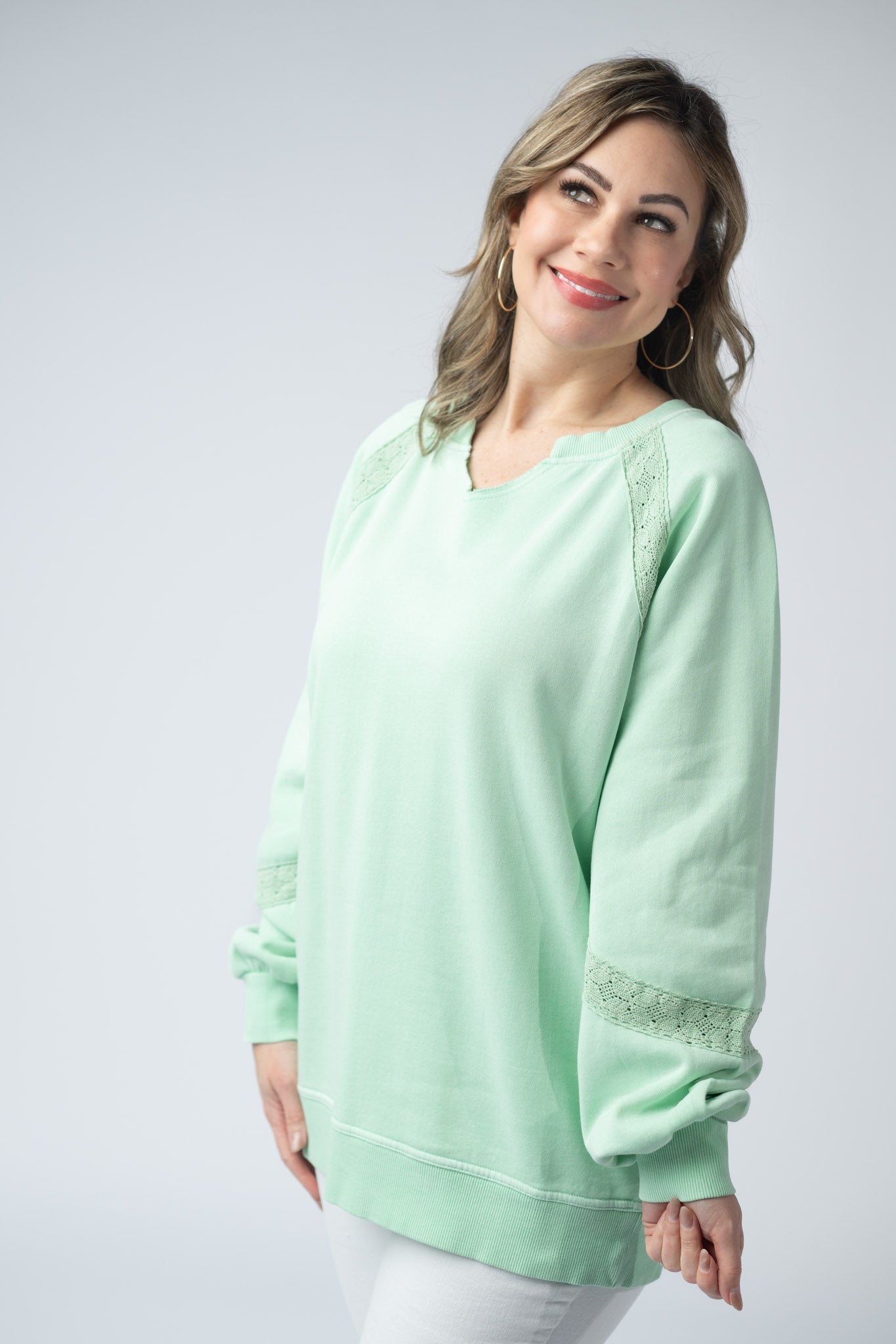 Lace Accent Vintage Wash Pullover - Mint