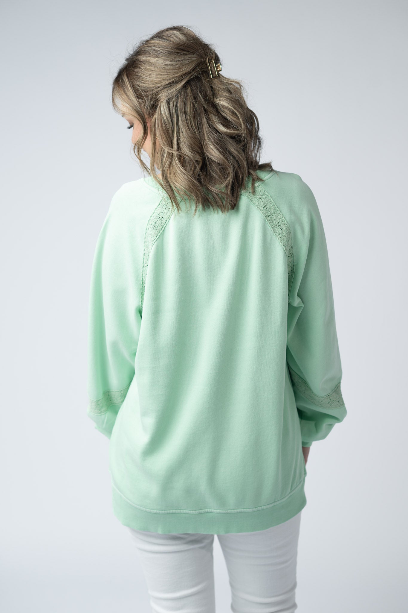 Lace Accent Vintage Wash Pullover - Mint
