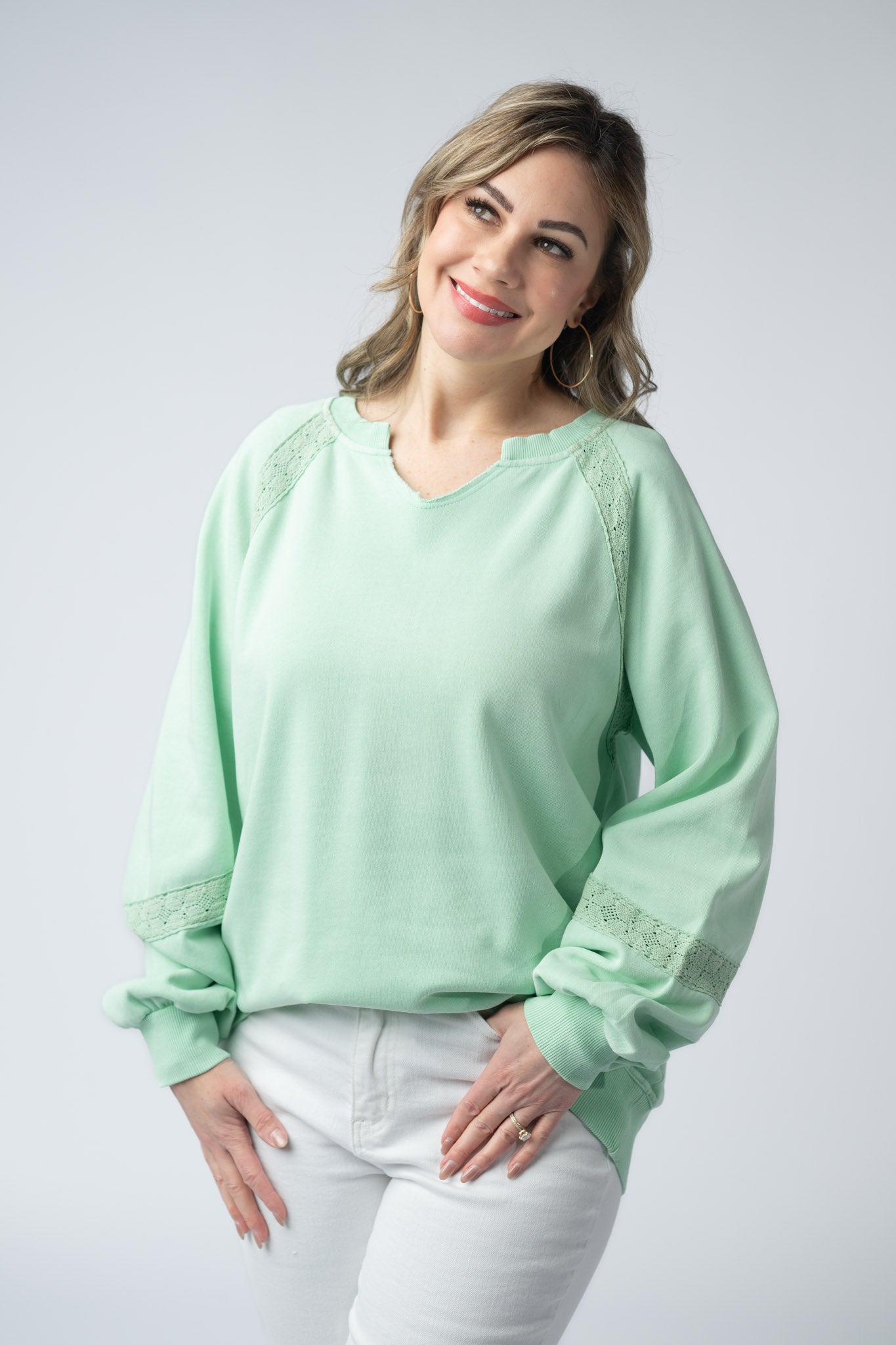 Lace Accent Vintage Wash Pullover - Mint