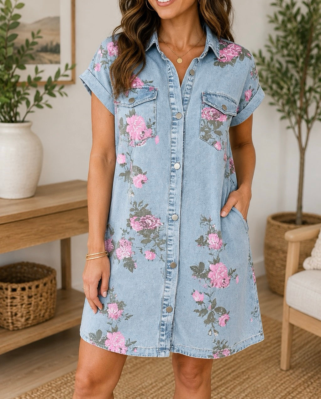 Denim Floral Button Dress WTW