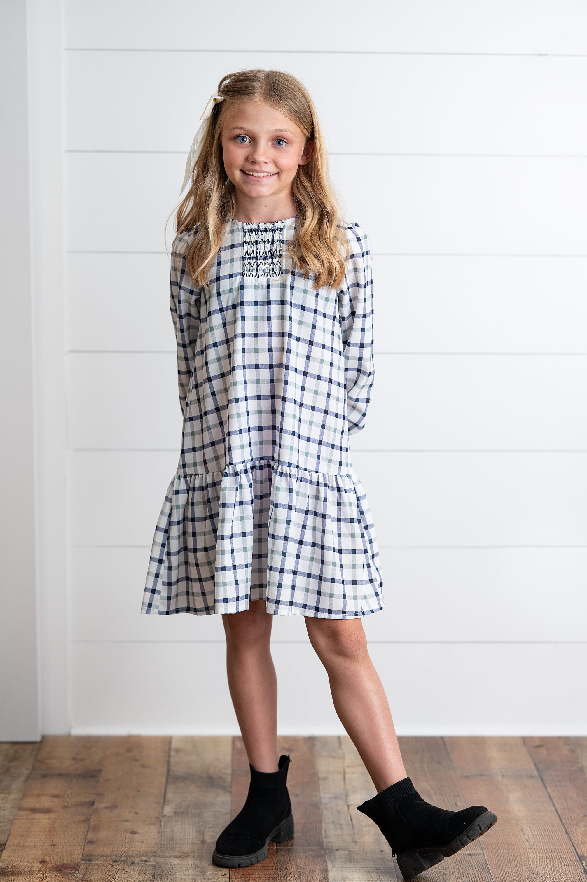 Navy and White Plaid Smocked Dress