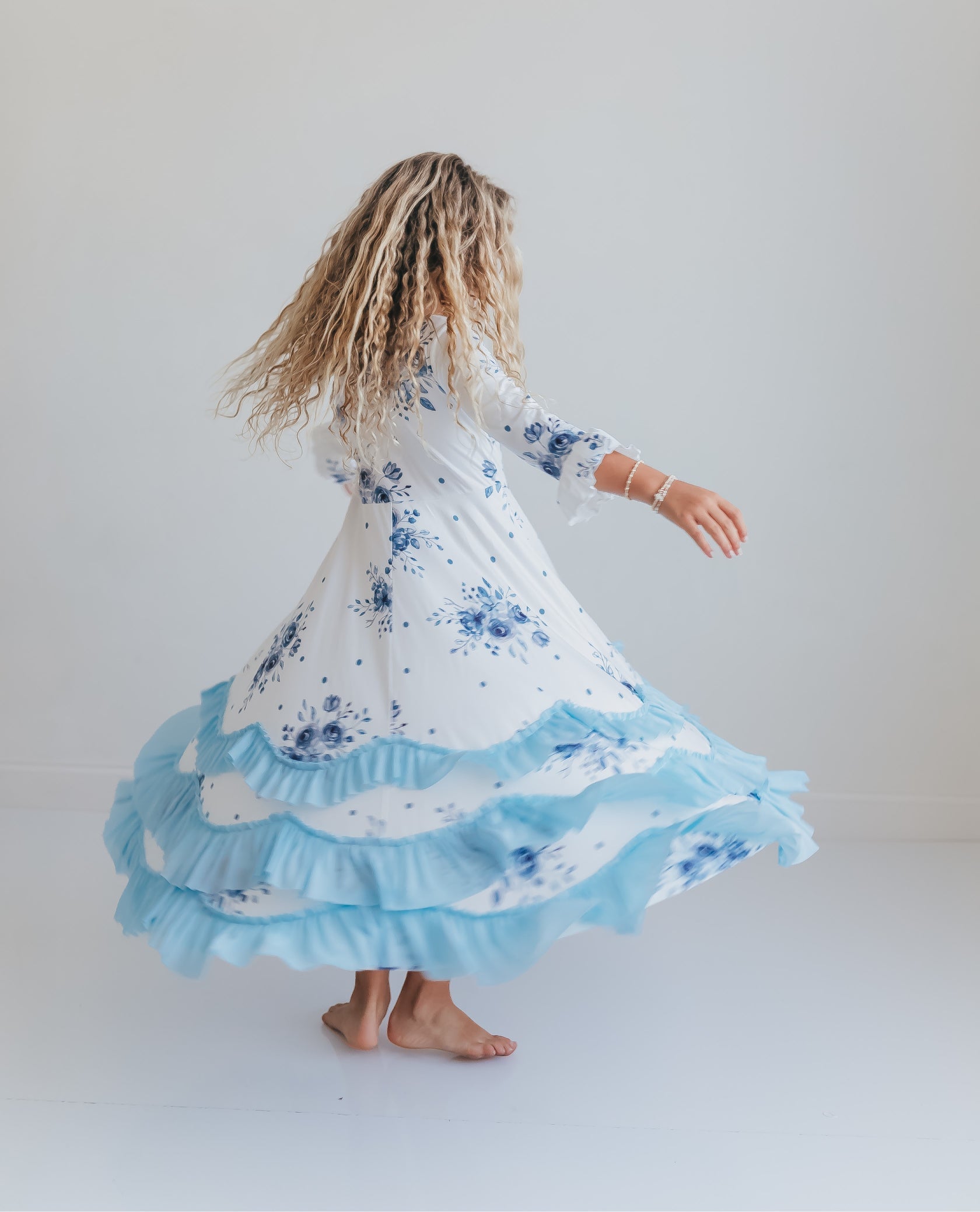 Dusty Blue Floral Ruffles Dress
