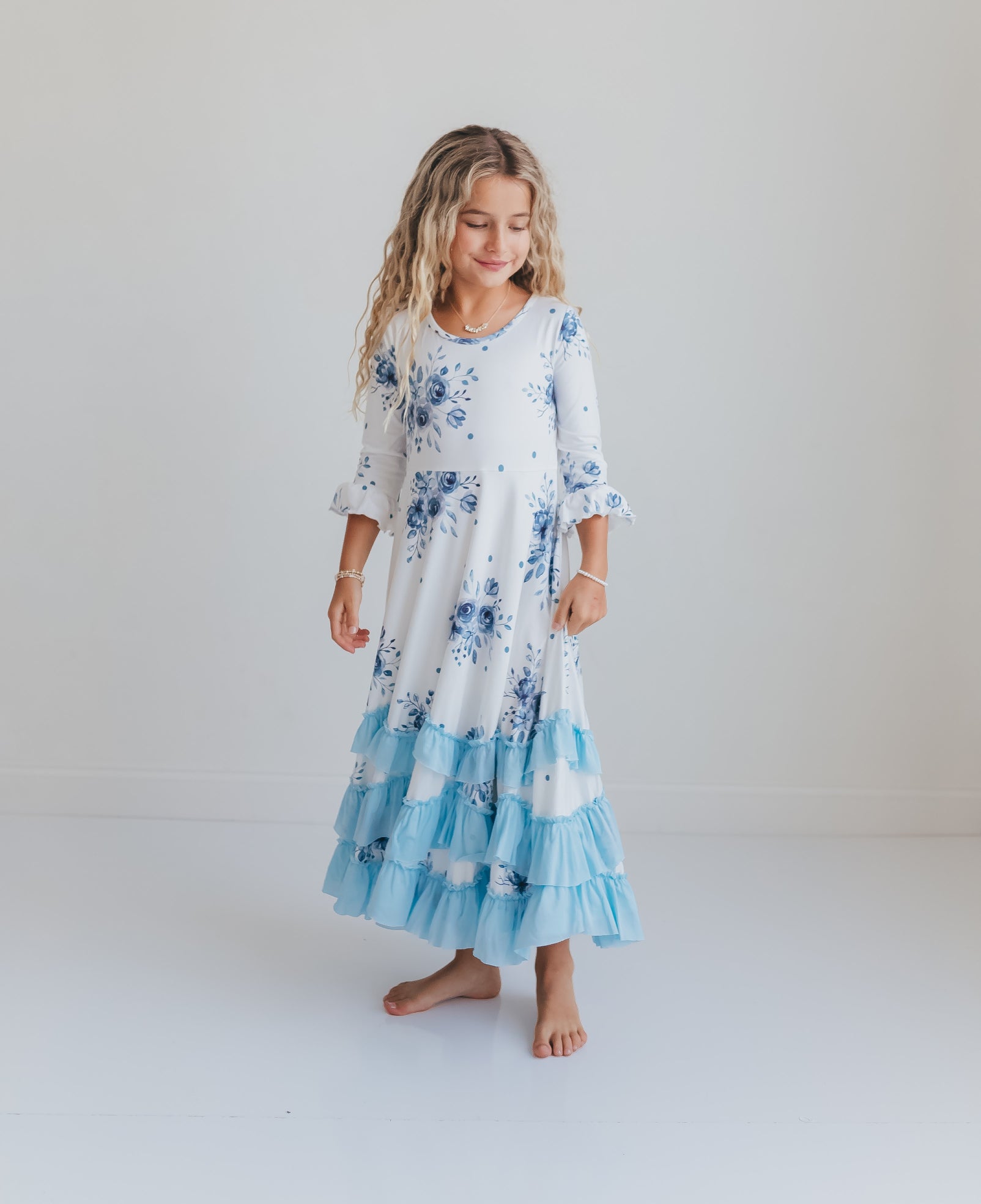 Dusty Blue Floral Ruffles Dress