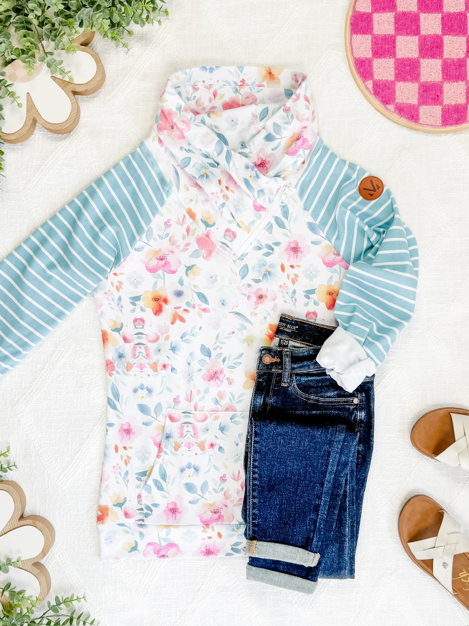 Zoey ZipCowl Sweatshirt - Watercolor Floral and Stripes