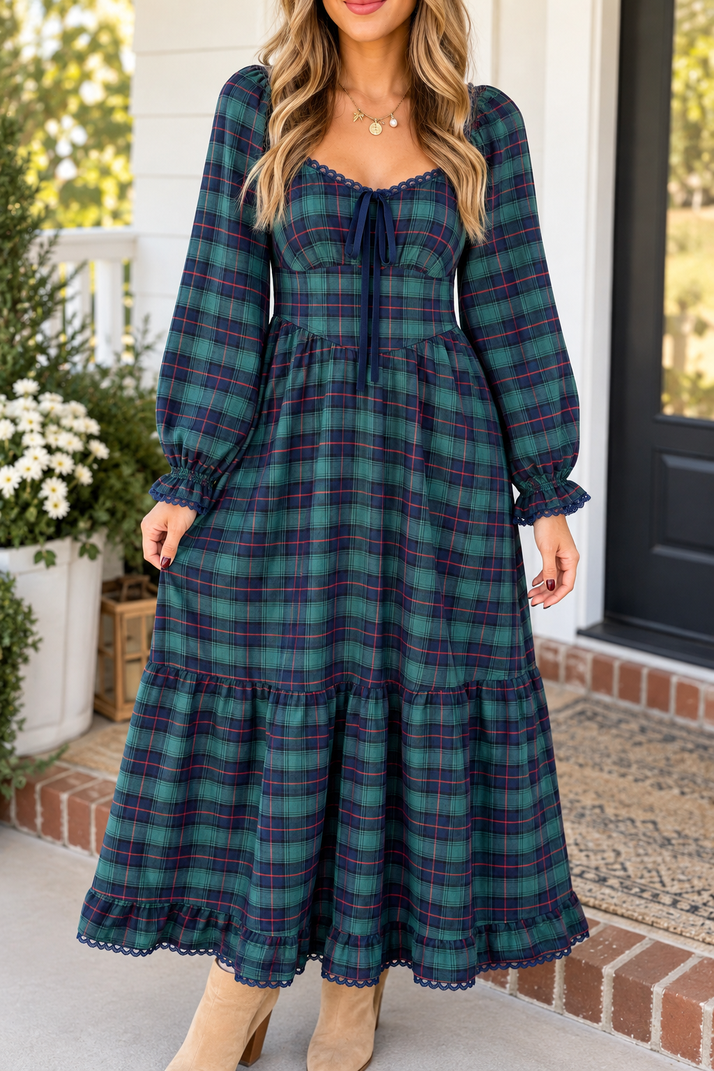 Green Plaid Lace Trim Dress WTW