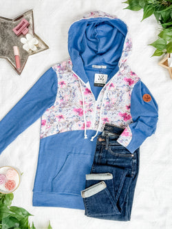 HalfZip Hoodie - Pink and Periwinkle Abstract Floral and Blue