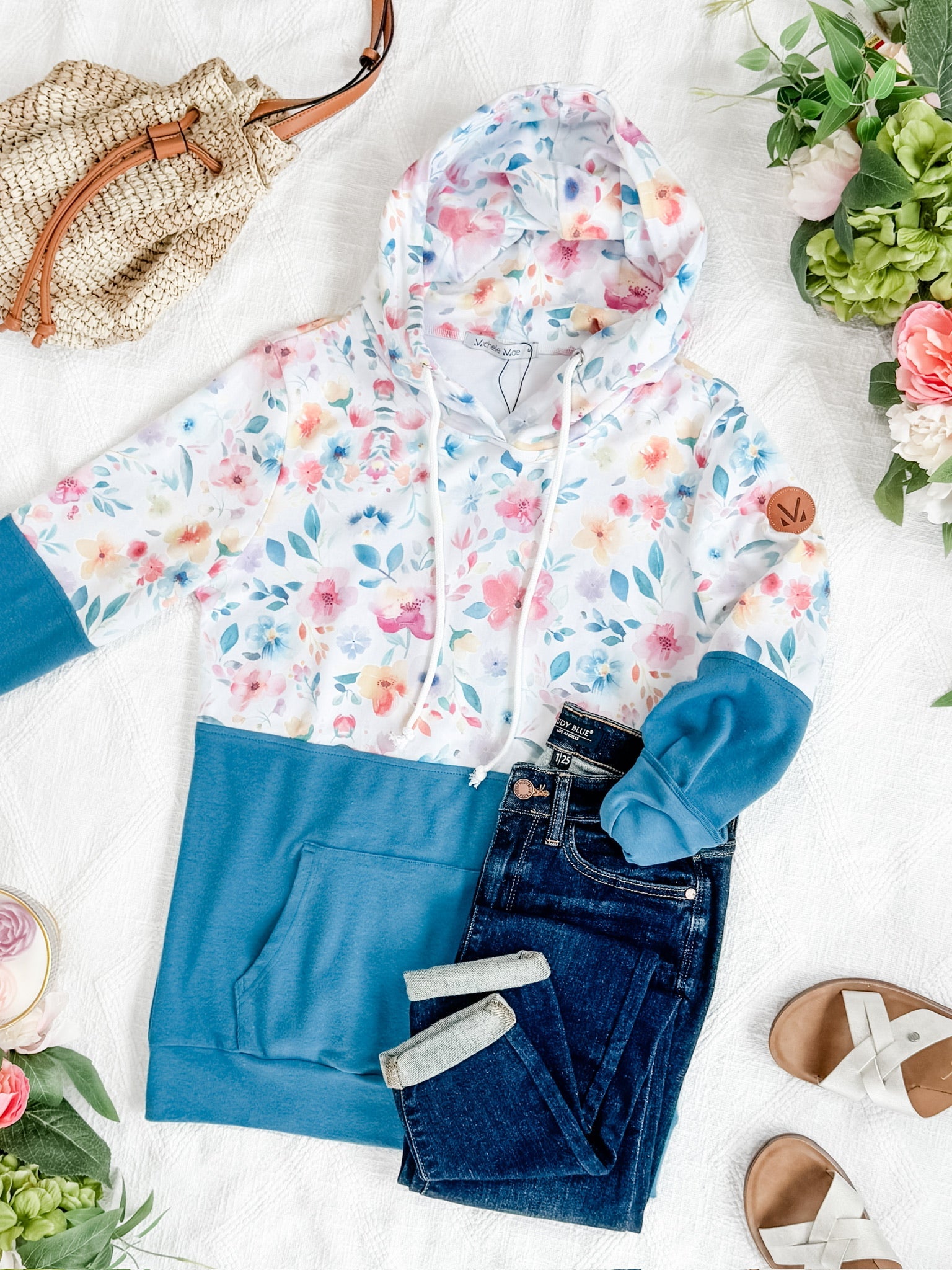 Hailey Pullover Hoodie - Watercolor Floral + Blue