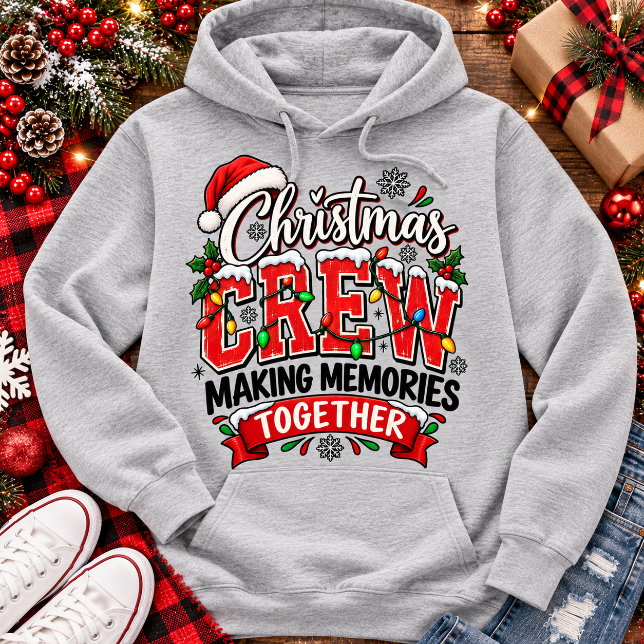 Christmas Crew Making Memories Together graphic on a pink crewneck T-shirt, featuring red lettering, colorful Christmas lights, a Santa hat, holly, and snowflakes.