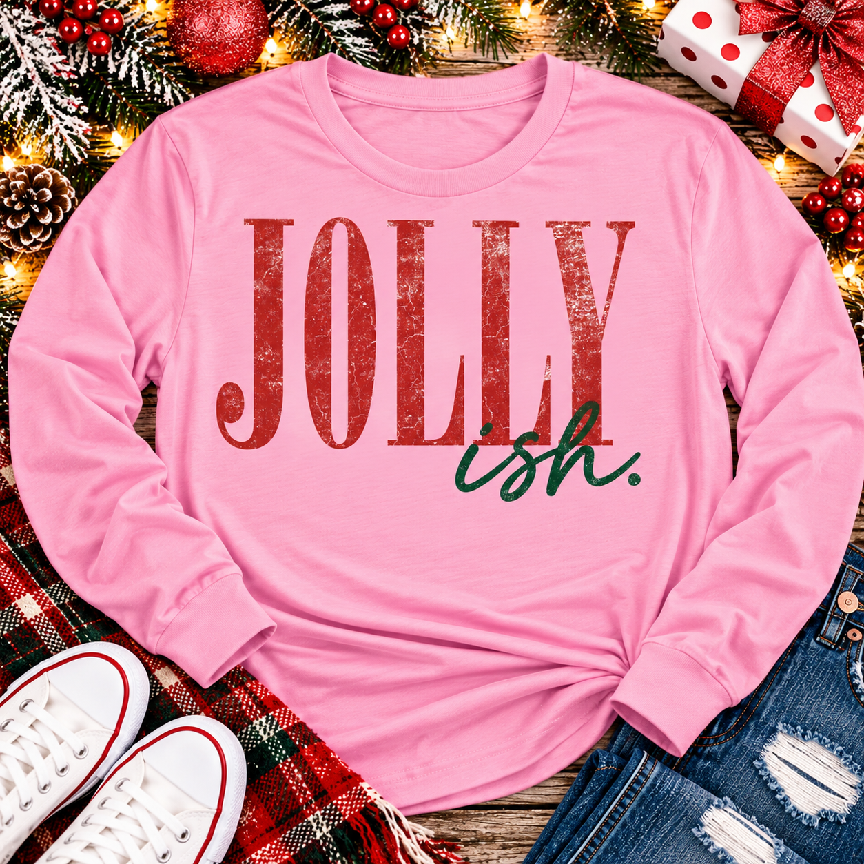 Jolly Ish Christmas graphic shirt featuring large distressed red JOLLY lettering with green handwritten ish script. Funny vintage-inspired holiday apparel available in pink and black, offered in short sleeve crewneck, V-neck, long sleeve and hoodie styles.