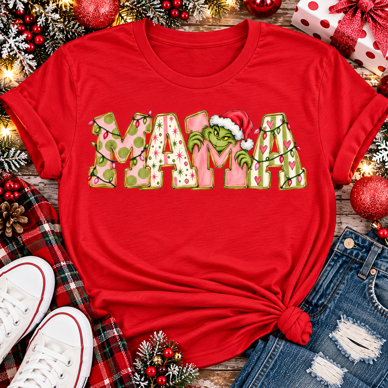Christmas MAMA graphic shirt featuring pink and green patterned lettering, colorful holiday lights, and a Grinch-inspired character wearing a Santa hat.