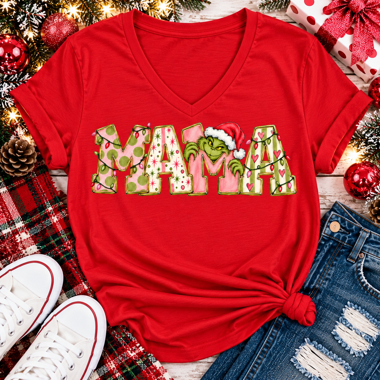 Christmas MAMA graphic shirt featuring pink and green patterned lettering, colorful holiday lights, and a Grinch-inspired character wearing a Santa hat.