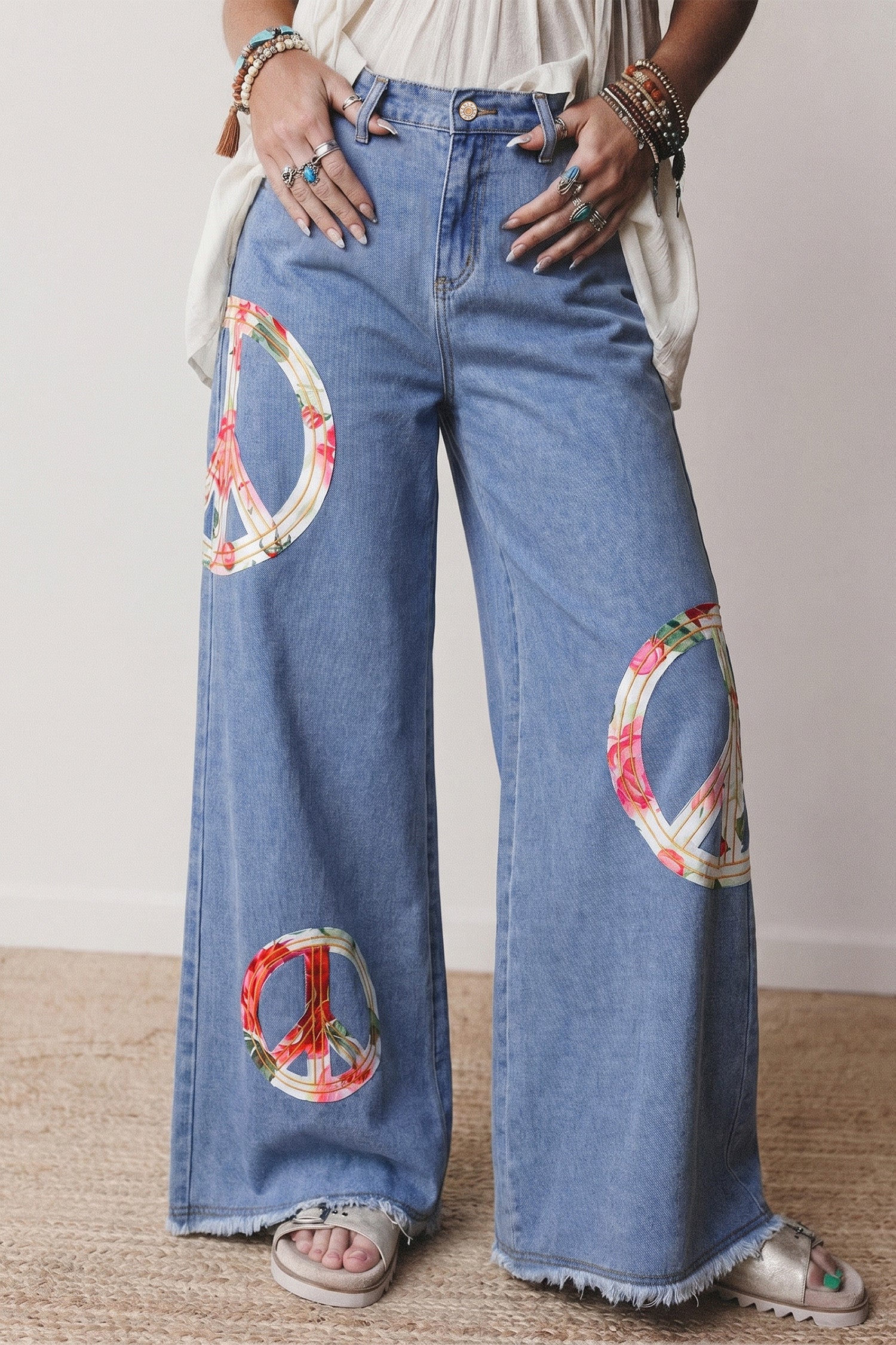 Floral Peace Sign Wide Leg Jeans WTW