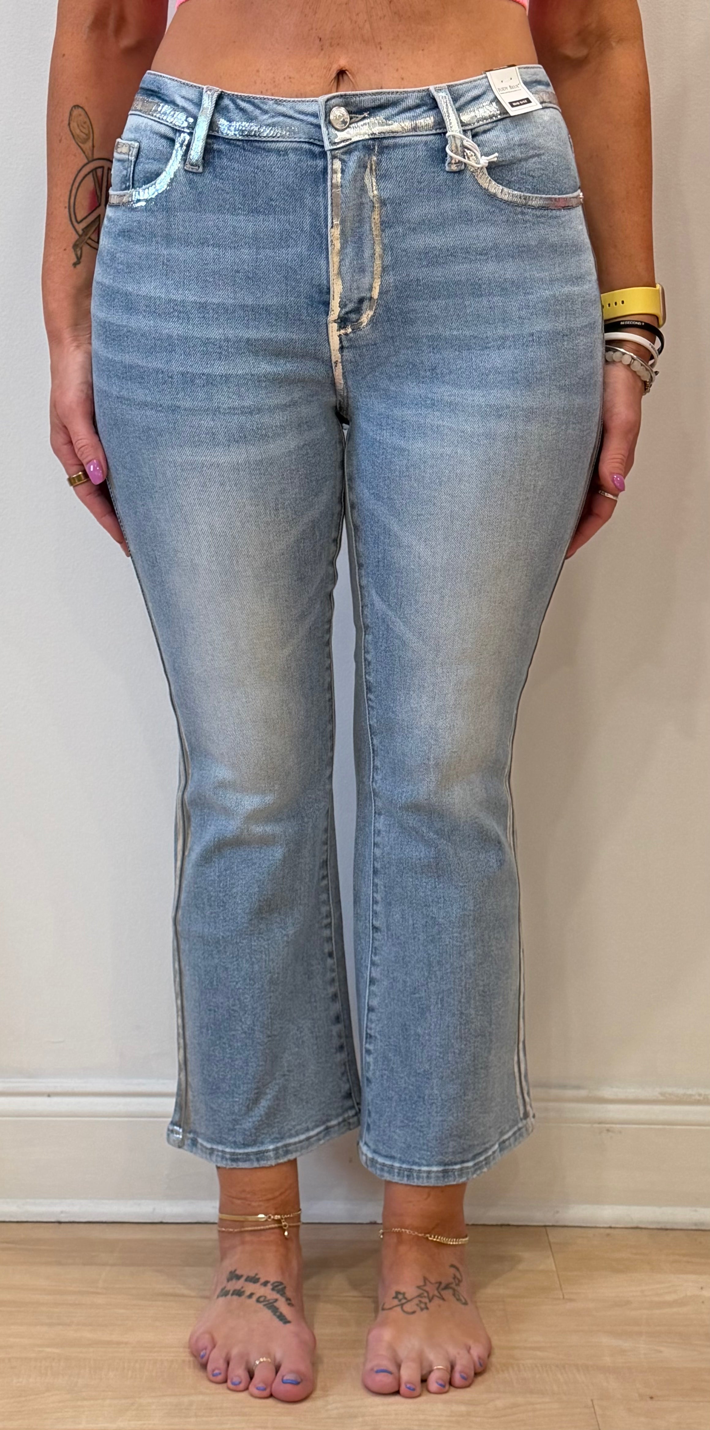 Metallic Seam Mid Rise Judy Blue Flare