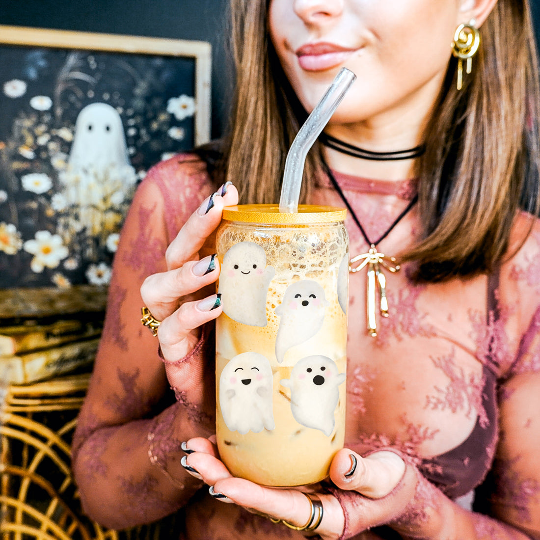happy ghost tumbler set
spooky coffee station glass
ghost lover tumbler gift
sustainable fall glass set
lead free halloween cup