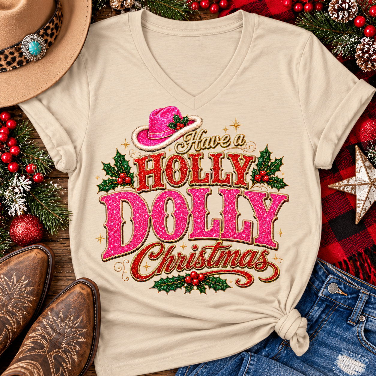 Have a Holly Dolly Christmas western graphic shirt featuring pink and red glitter-inspired lettering, a festive pink cowgirl hat, gold accents, and Christmas holly berries. Available in beige and pink in short sleeve crewneck, V-neck, long sleeve crewneck, and hoodie styles.