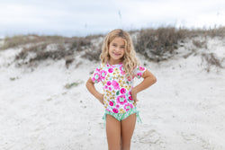 Green Pink Floral Rash Guard Swimsuit