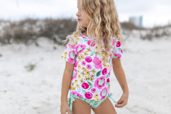 Green Pink Floral Rash Guard Swimsuit