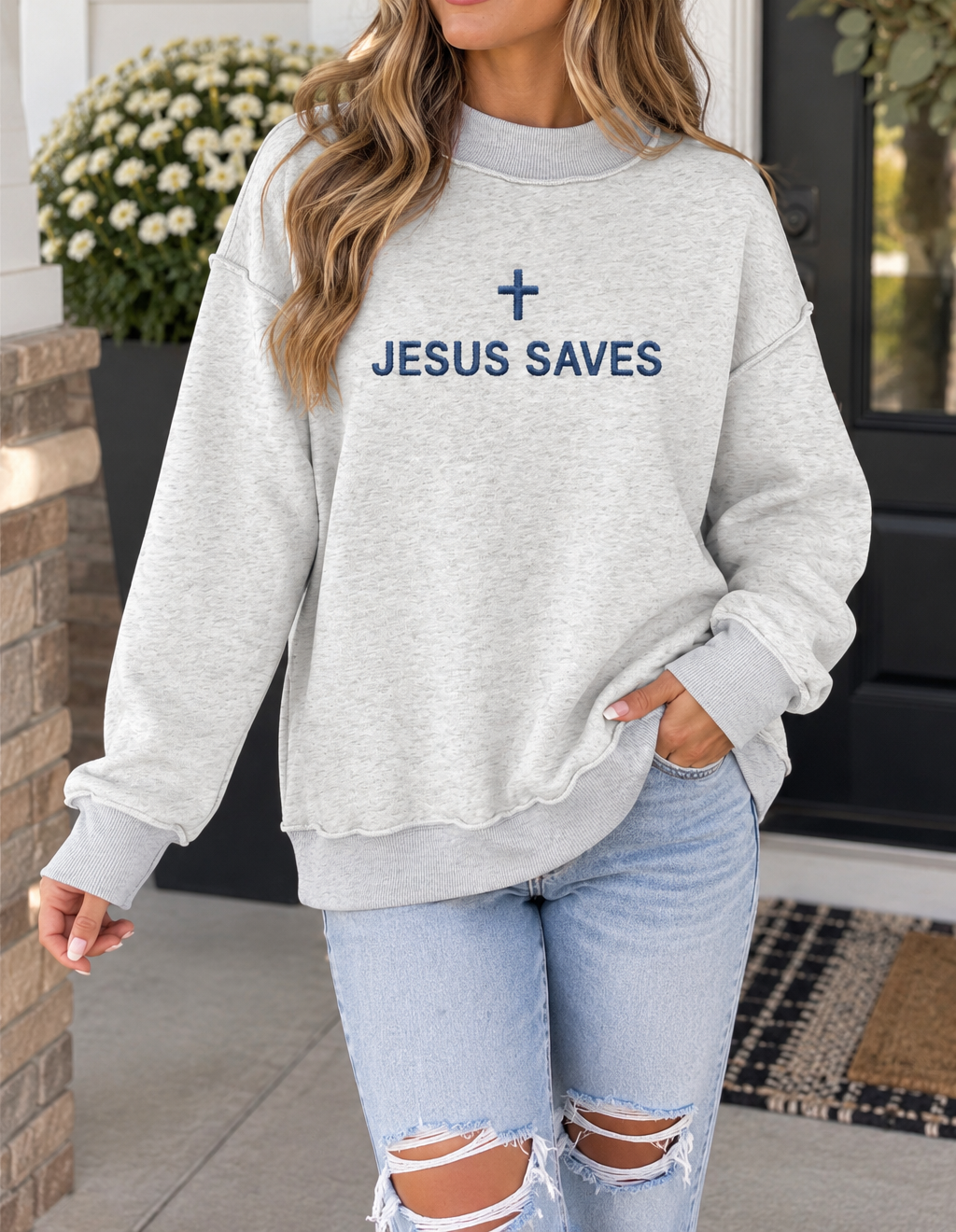 Grey JESUS SAVES Embroidered Sweatshirt WTW