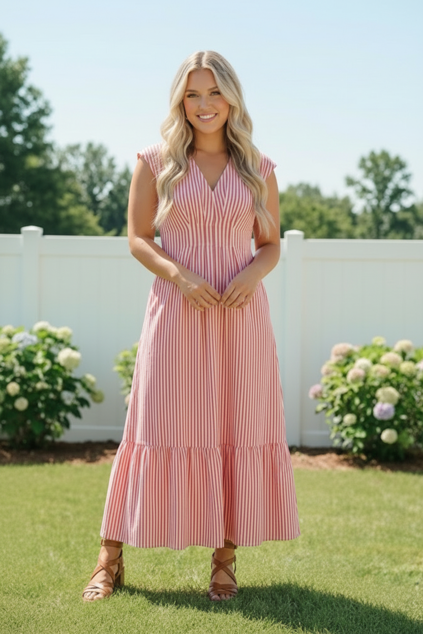 Sweet Stripe Tiered Maxi Dress in Red