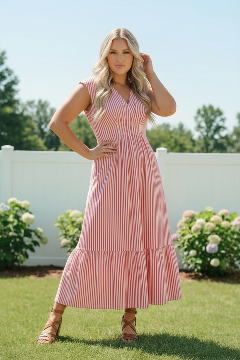 Sweet Stripe Tiered Maxi Dress in Red