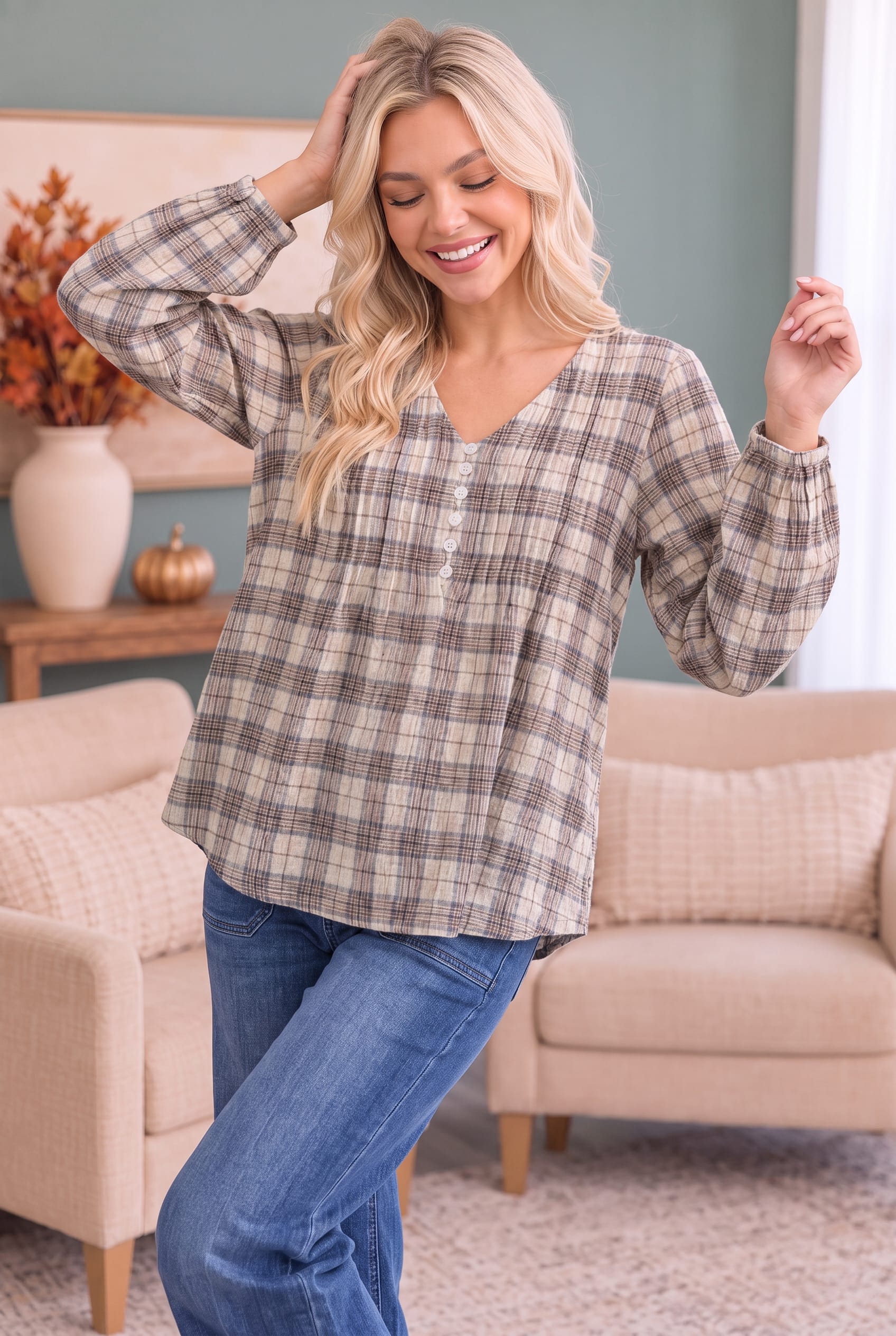 All in Check Pintuck Button Front Blouse