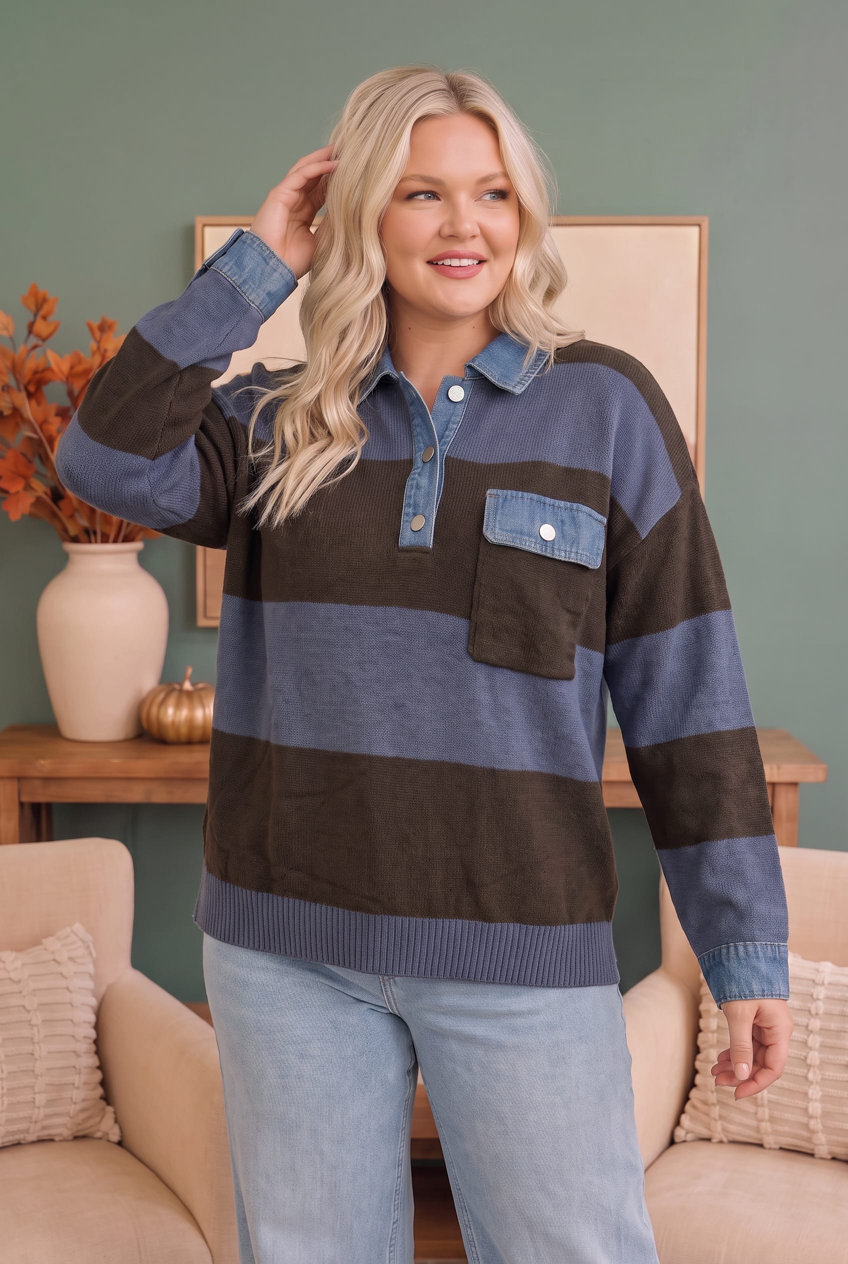 Blueberry Fields Striped Denim Collar Sweater