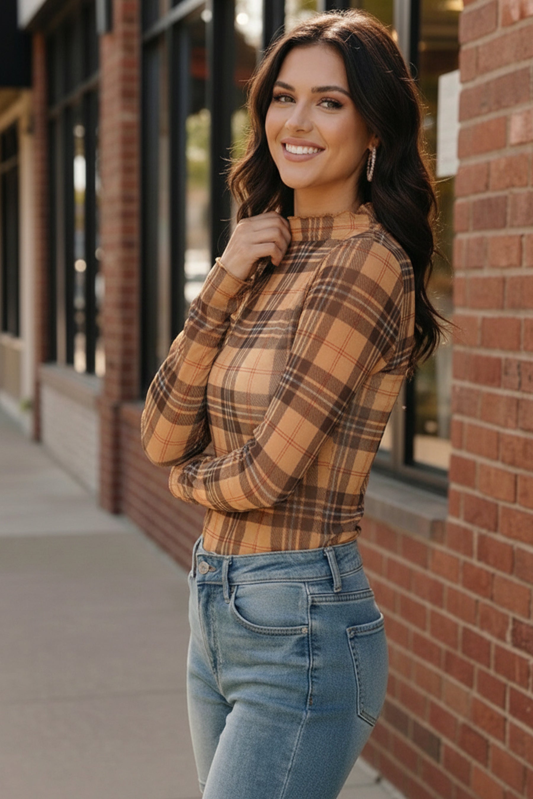 Chai Latte Plaid Mesh Mock Neck