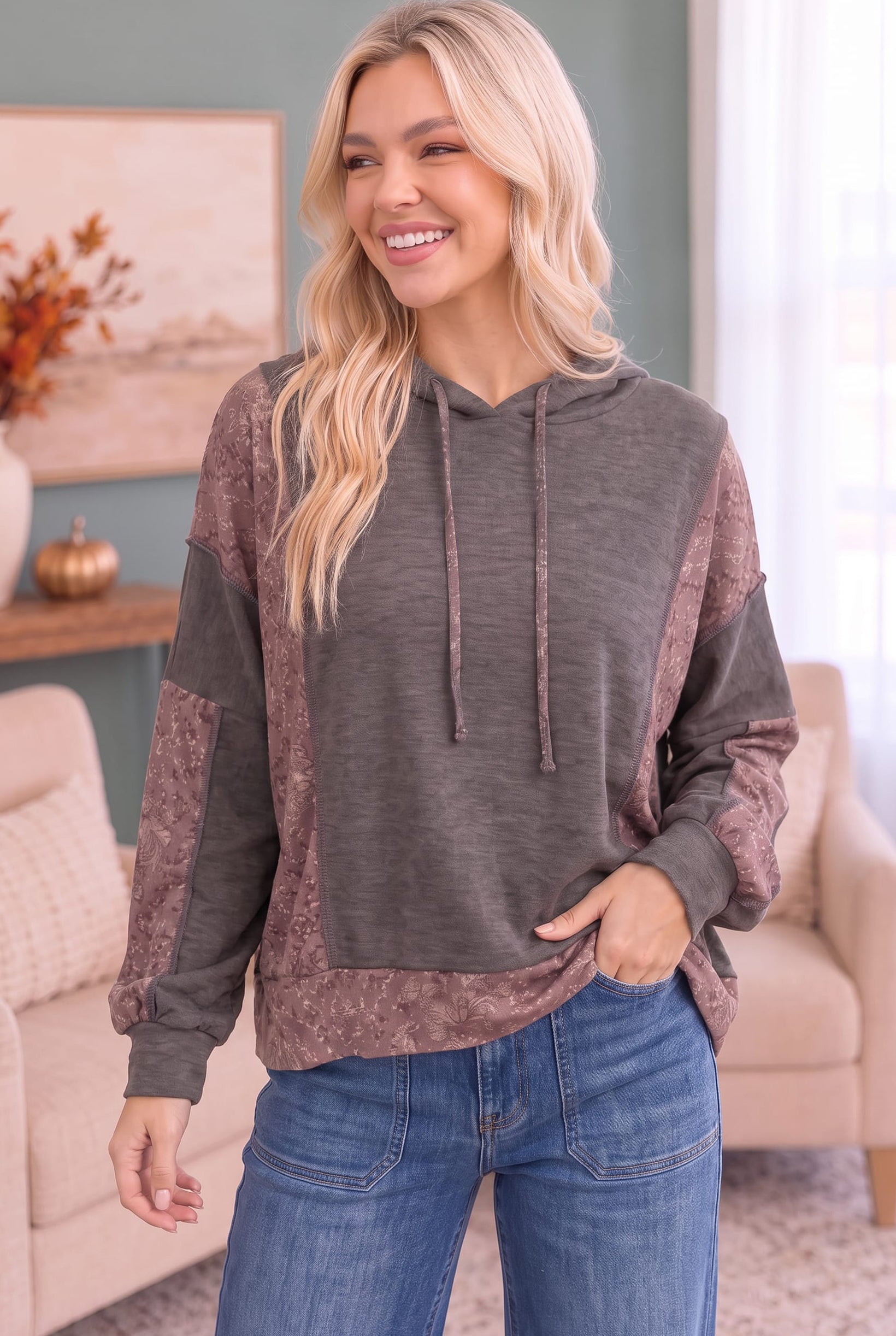Mix and Match Patchwork Drawstring Hoodie