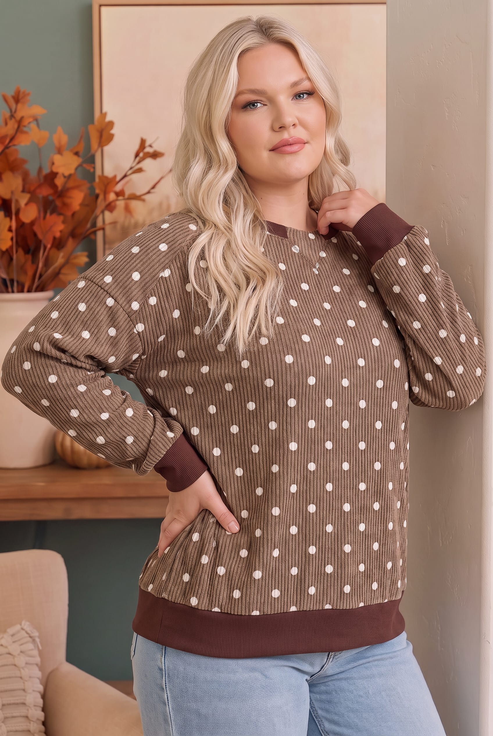 Cozy Dots Ribbed Pullover in Caramel