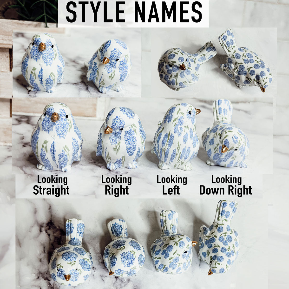 Pair of resin bird figurines nestled among hydrangeas, perfect for home decor.