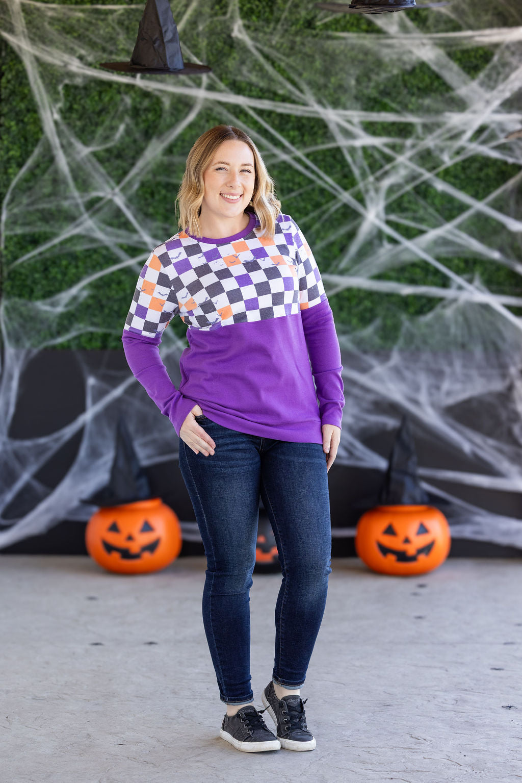 Natalie Pullover - Checkered Bats and Purple
