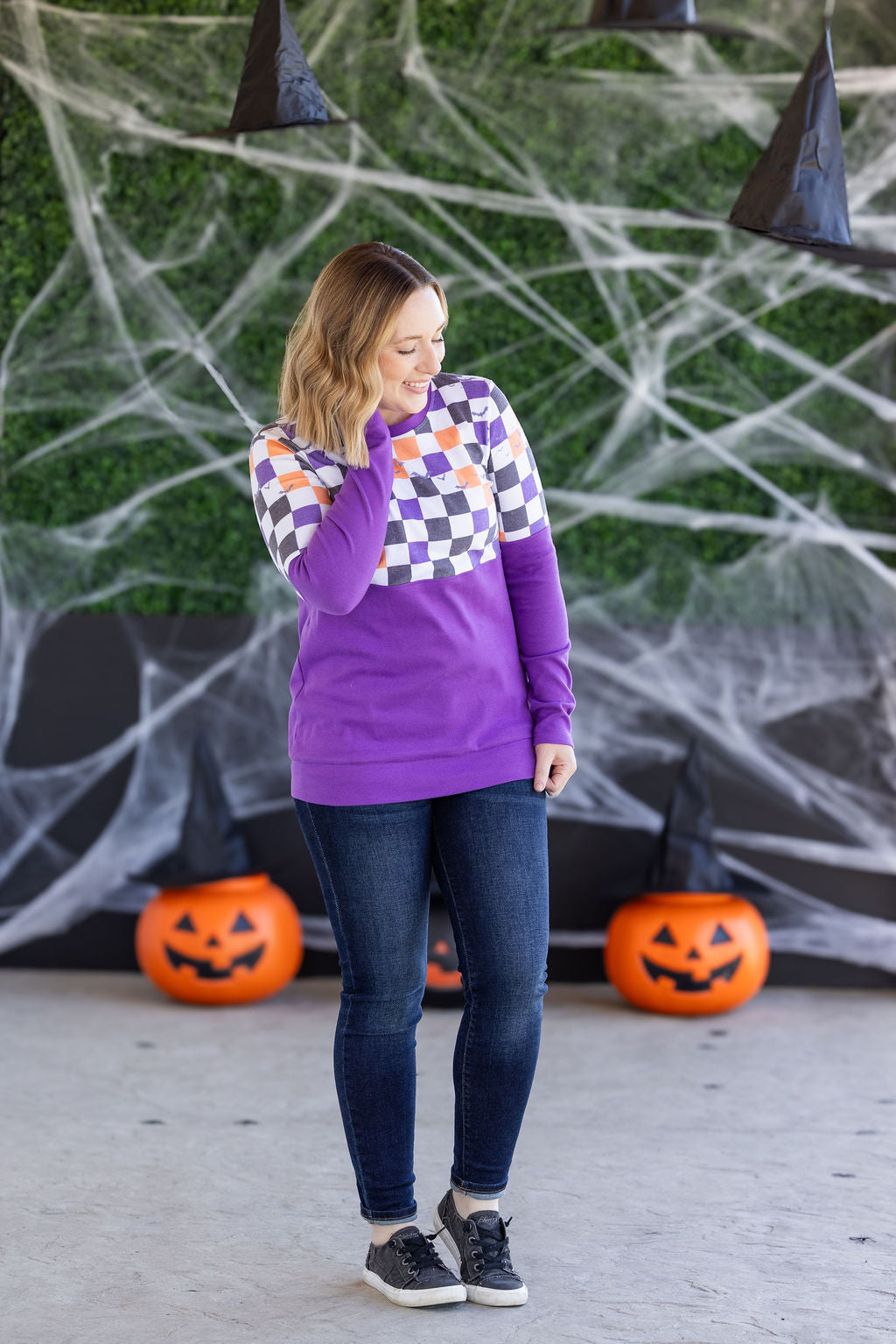 Natalie Pullover - Checkered Bats and Purple