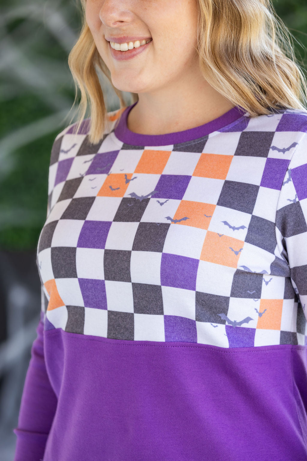 Natalie Pullover - Checkered Bats and Purple