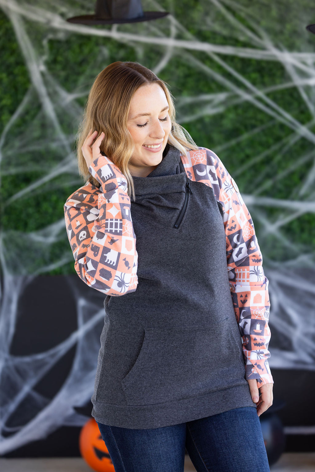 Zoey ZipCowl Sweatshirt -Trick-or-Treat Checkered and Charcoal