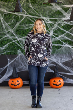 Zoey ZipCowl Sweatshirt - Black Floral and Stripes