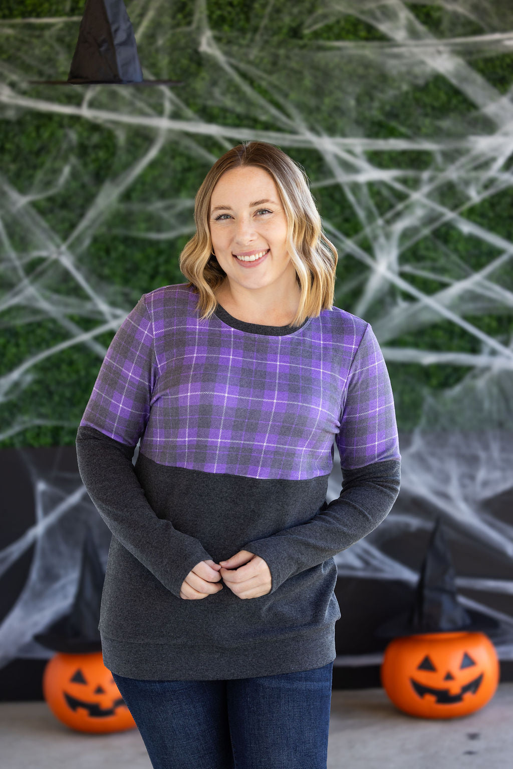 Natalie Pullover - Purple Plaid and Charcoal
