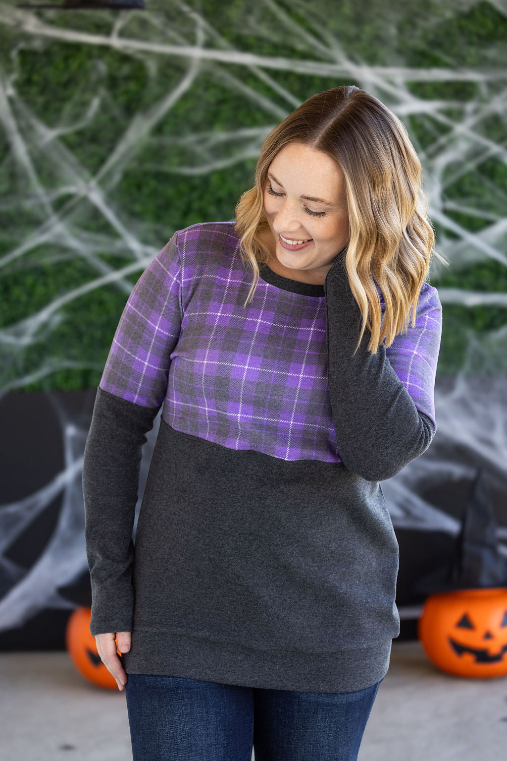 Natalie Pullover - Purple Plaid and Charcoal