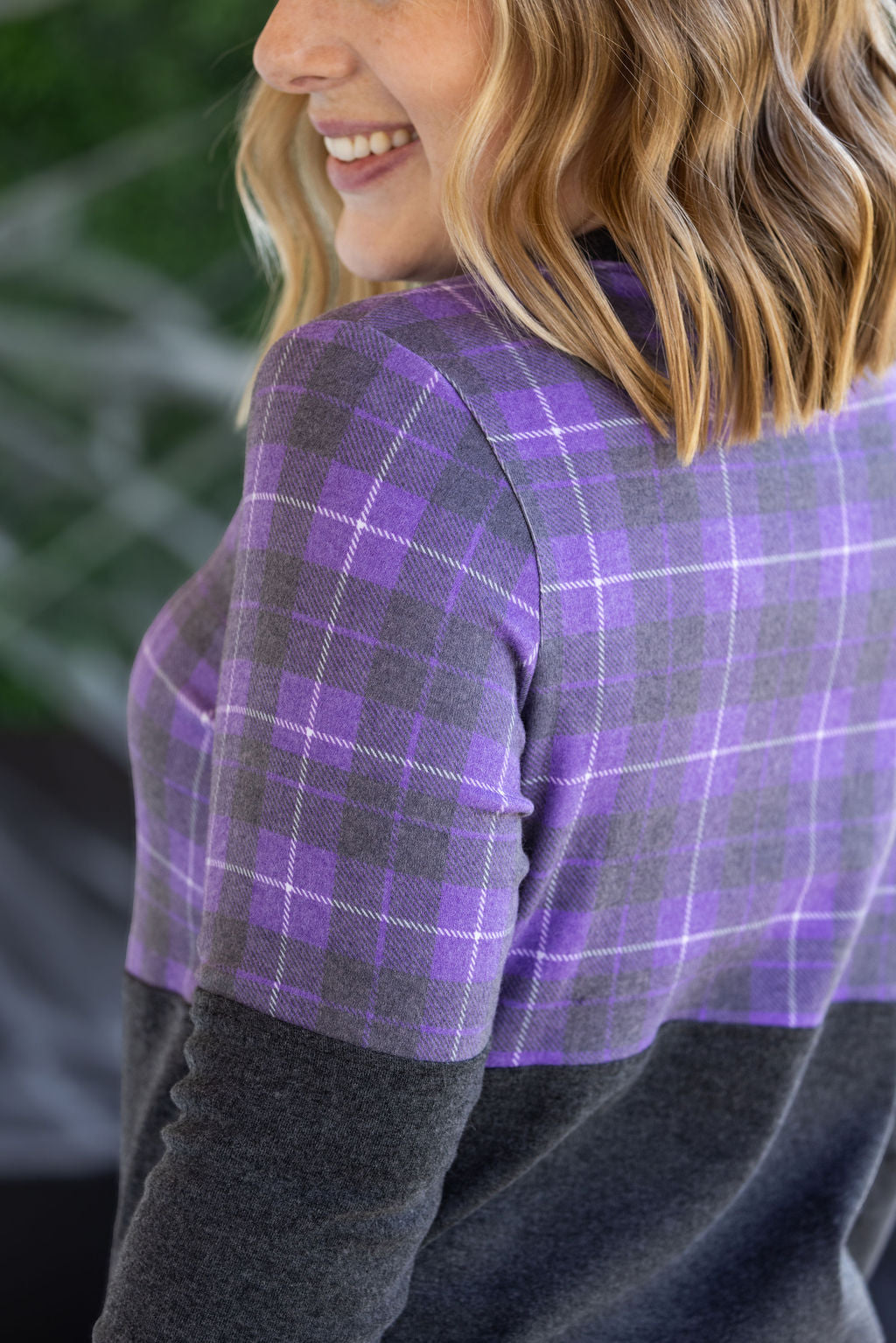 Natalie Pullover - Purple Plaid and Charcoal