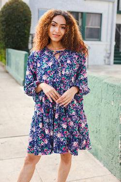 Feeling Joyful Navy Floral Bow Tie Babydoll Long Ruffle Sleeve Dress