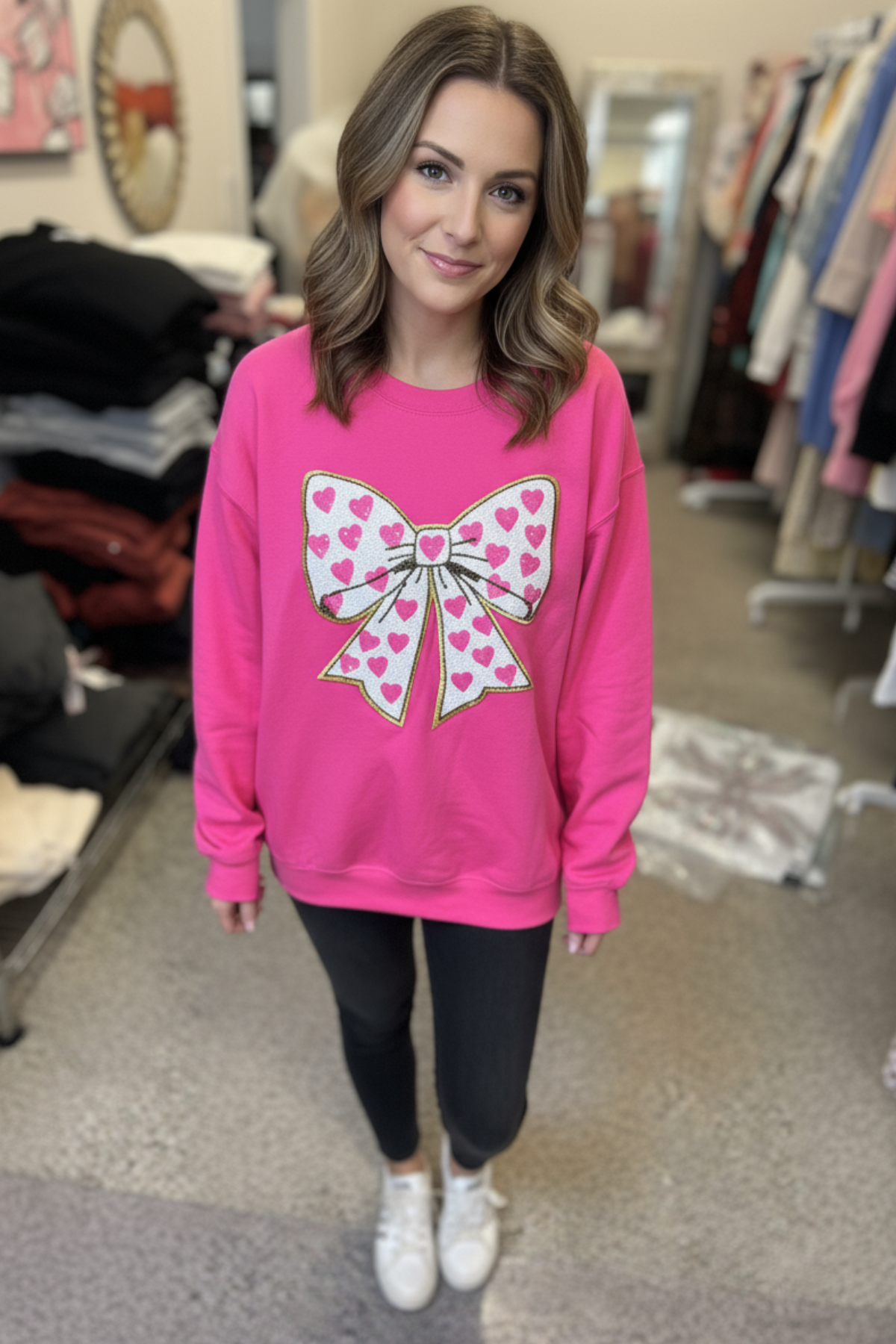 Hot Pink Heart Bow Sequin Sweatshirt