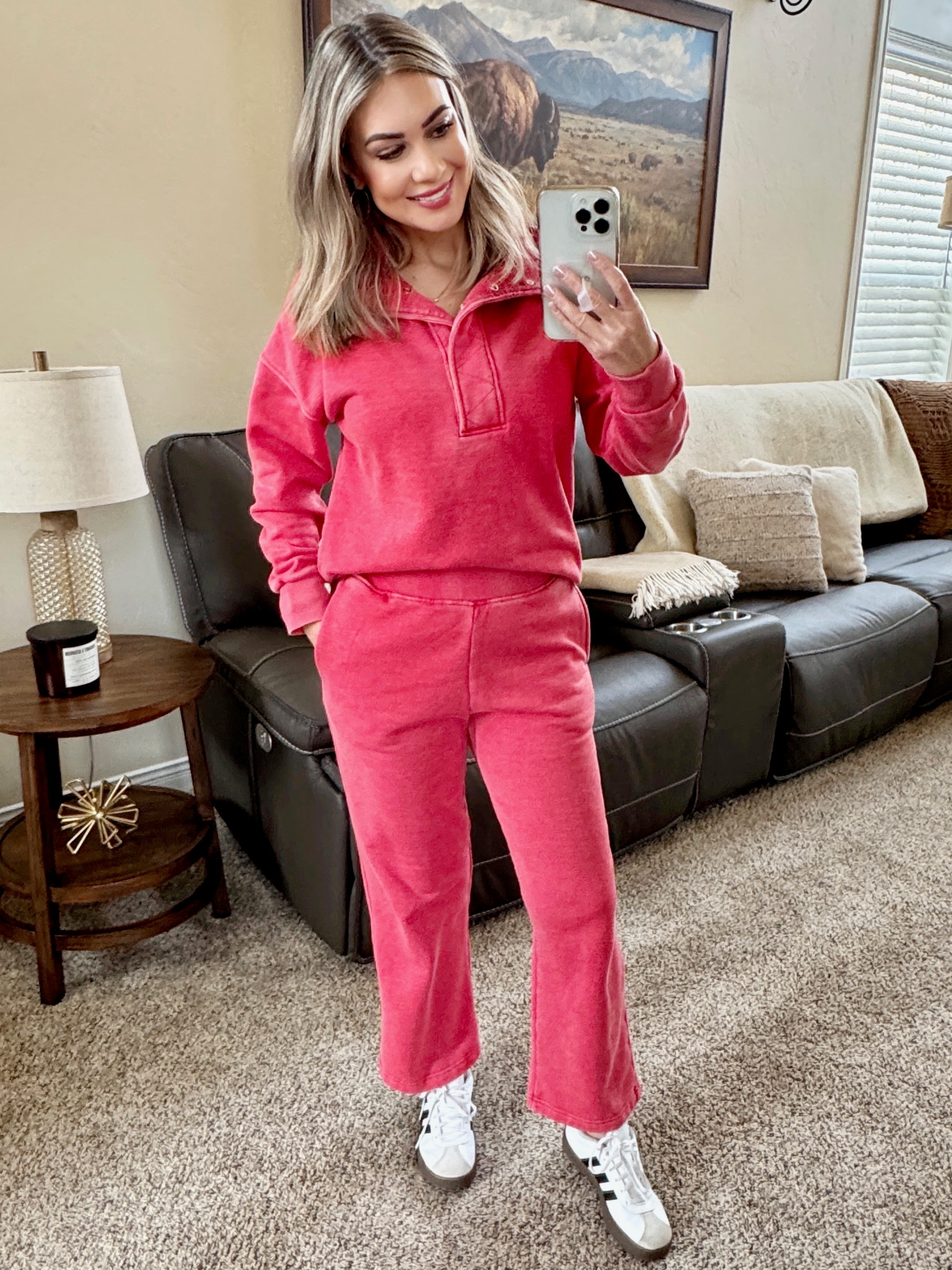 Wide Leg Vintage Wash Bottoms - Red