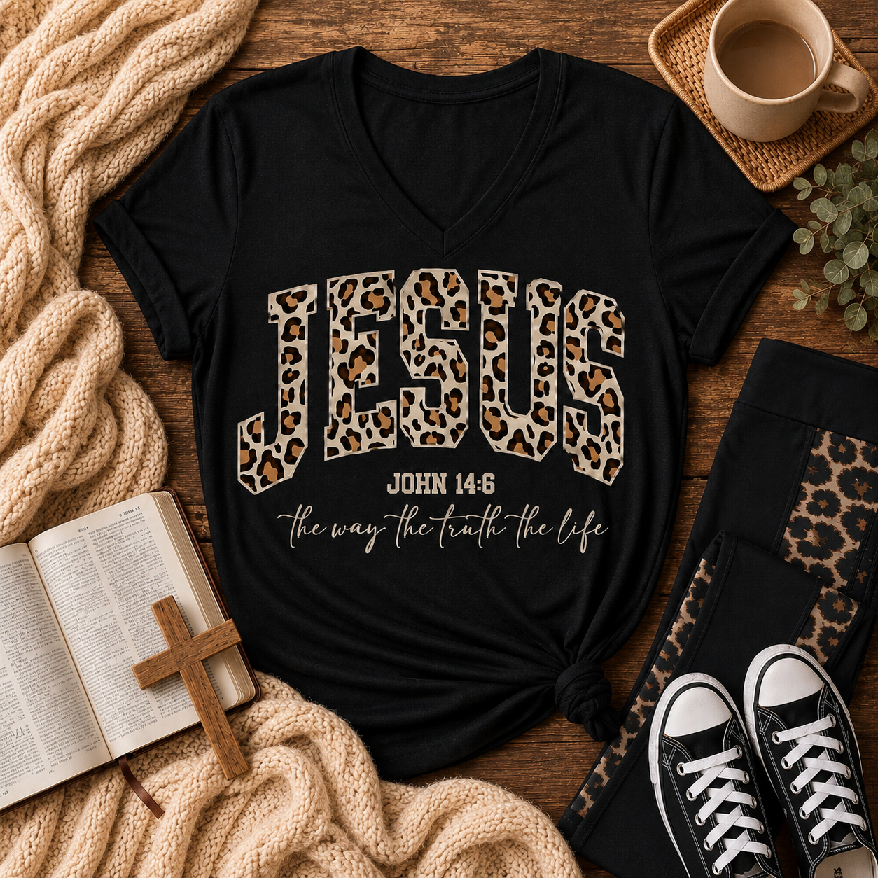 Julia Rose Jesus John 14:6 apparel featuring leopard-print JESUS lettering and the phrase The Way, The Truth, The Life.