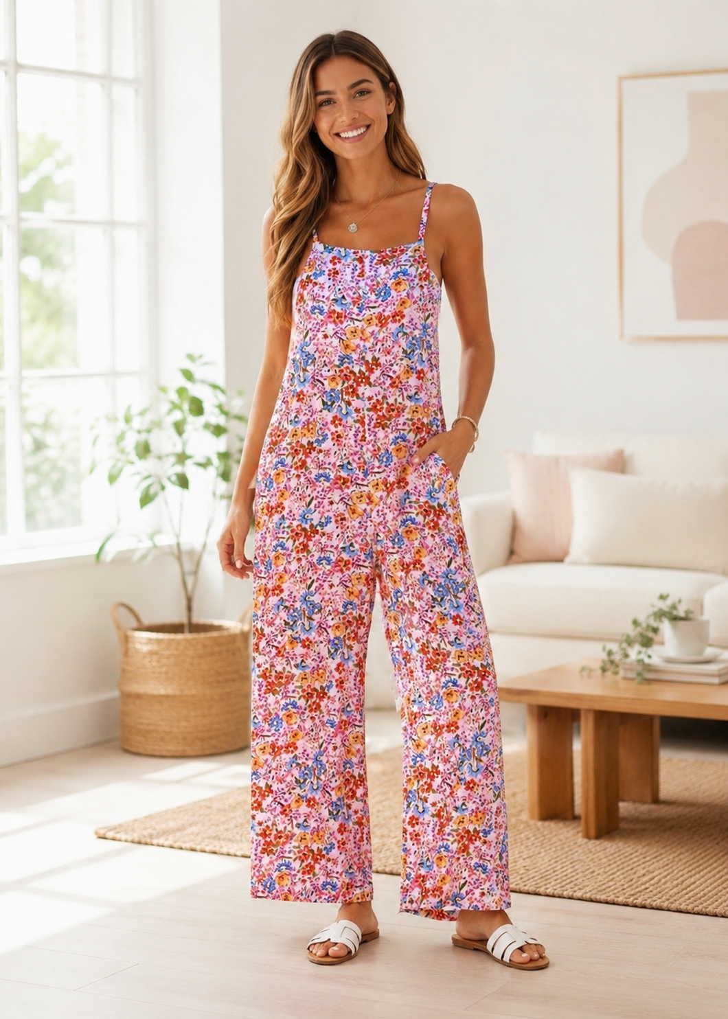 Floral Print Spaghetti Strap Pocketed Jumpsuit WTW