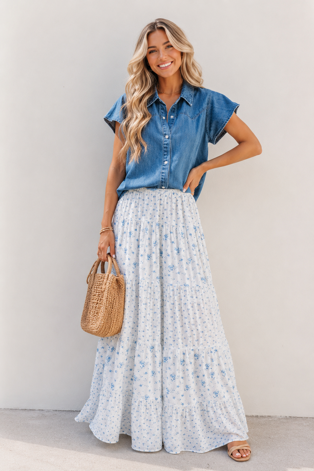 Blue Waist Floral Boho Skirt WTW