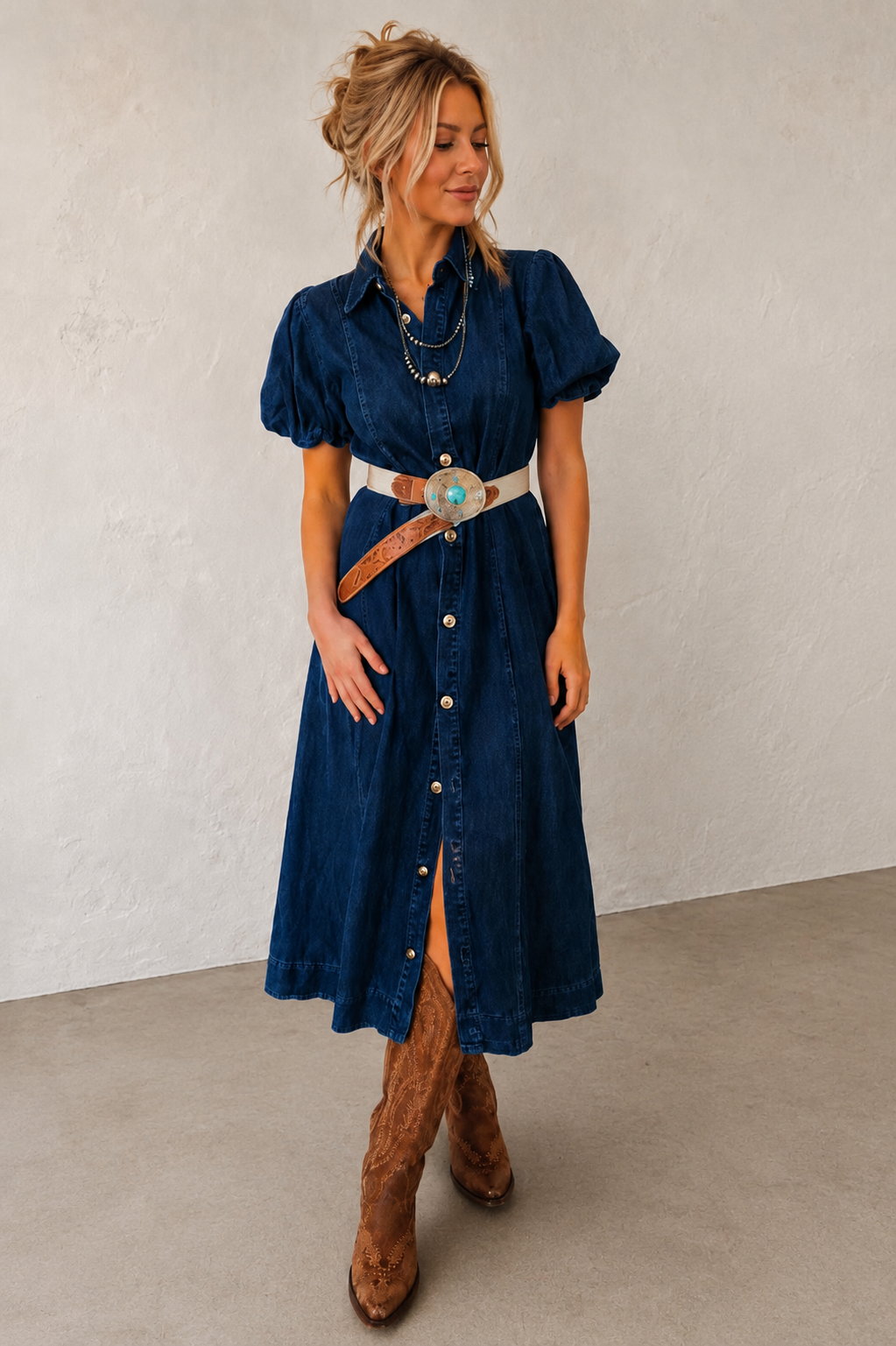 Bubble Sleeve Long Denim Dress WTW