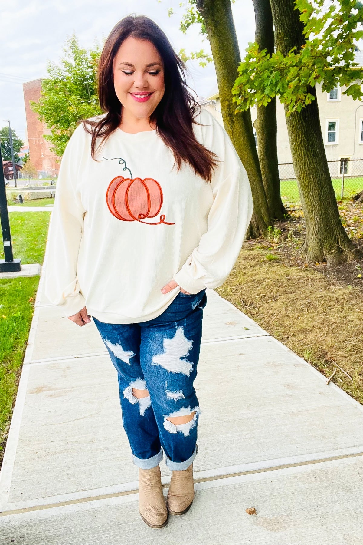 Halloween Lovely Ivory Embroidered Pumpkin Knit Sweater