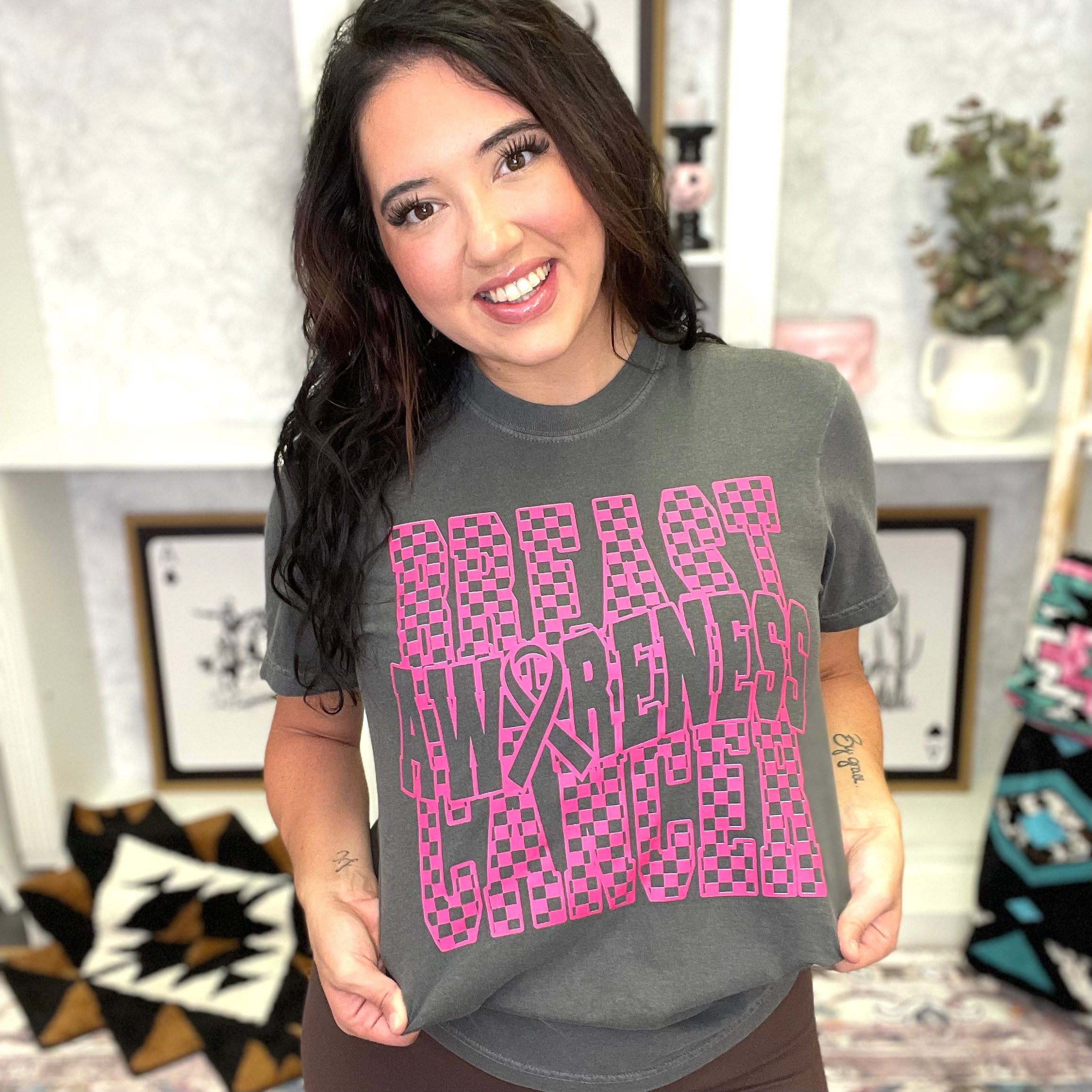 Checkered Breast Cancer Awareness Graphic Tee