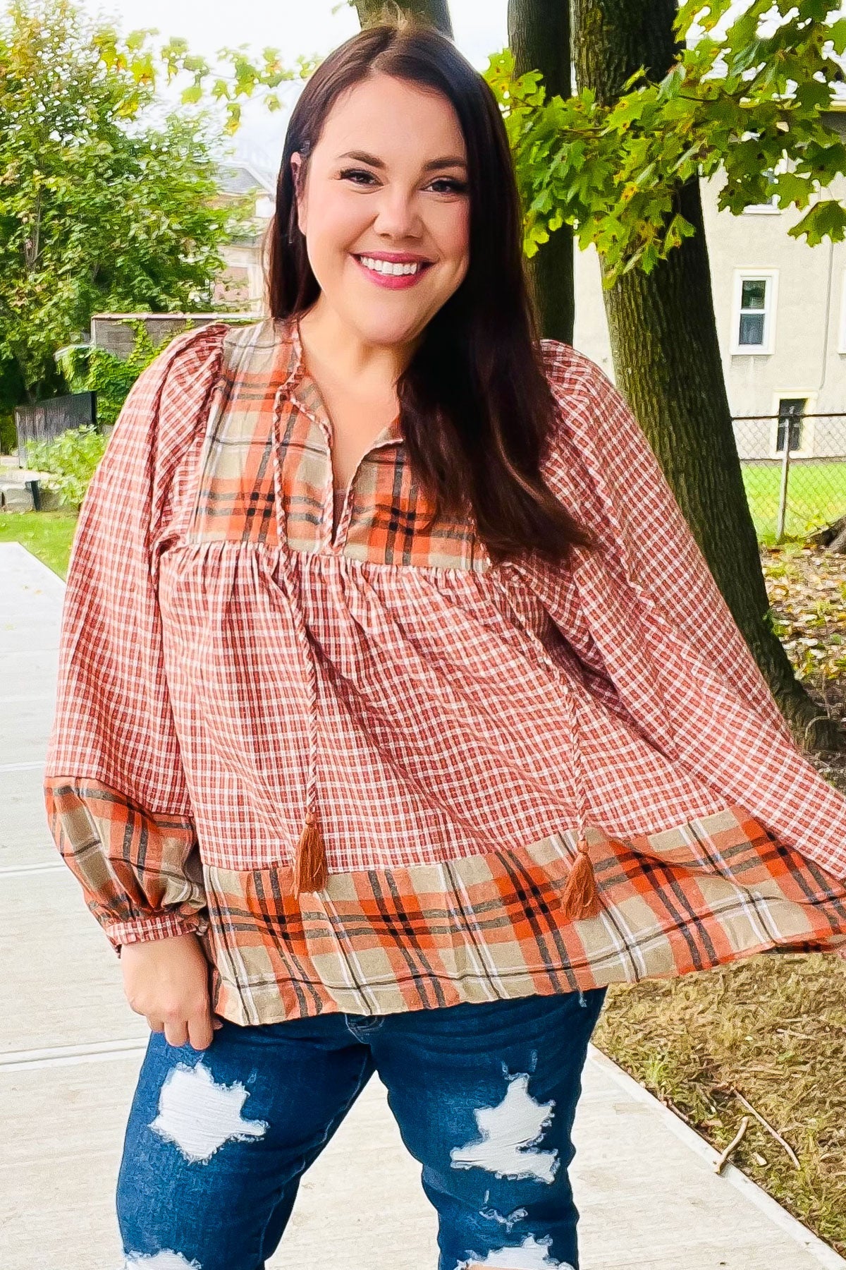 Under Your Spell Rust Plaid Color Block Notch Neck Top