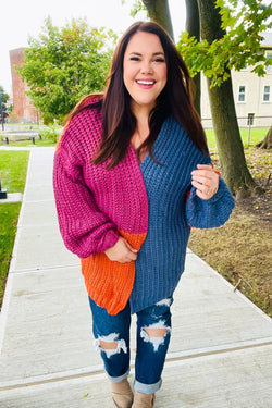 Dazzle In Magenta & Navy Chunky Knit Color Block Cardigan