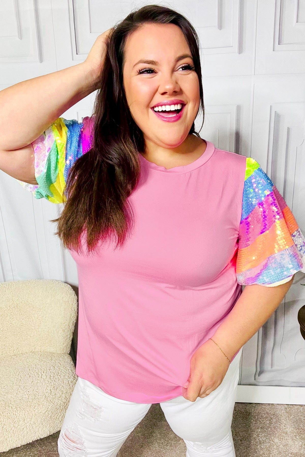 Stand Out Pink Rainbow Sequin Puff Sleeve Top